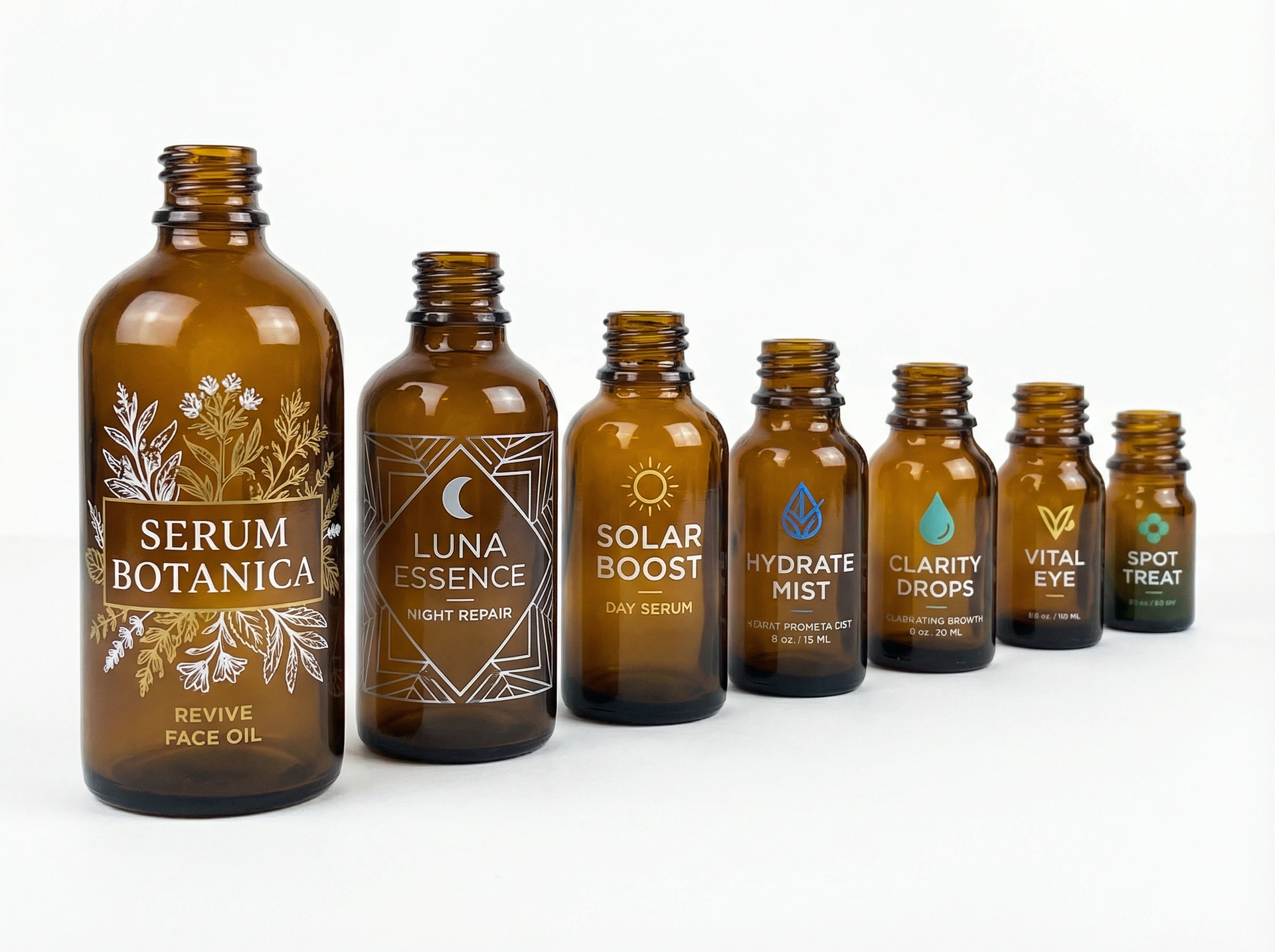 powder printed Boston round glass bottles